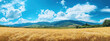 © missisya - Golden Hour over Golden Fields: A panoramic vista of sun-drenched wheat fields, rolling hills, and a vibrant blue sky, evoking tranquility and rural charm.