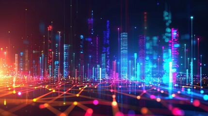 Canvas Print - Futuristic Cityscape with Neon Lights and Digital Network Connections