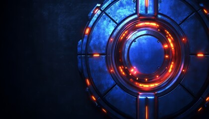 Futuristic Circular Metal Panel with Glowing Orange Lines