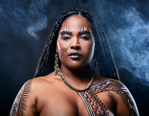 Studio Portrait of Woman with Abstract Tribal Body Painting