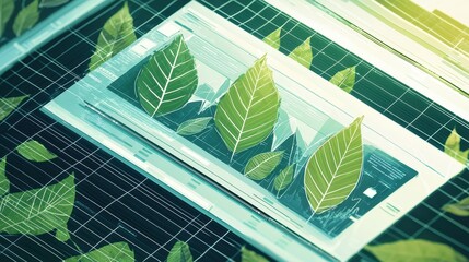 Sticker - Green Leaves on Glass Screen with Grid Pattern