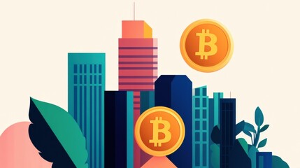 Digital illustration showing cryptocurrency coins floating above skyscrapers, representing the integration of digital finance in urban areas..