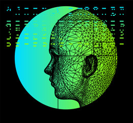 Aufkleber - Conceptual technological illustration of 3d head made of mesh on background of holographic circle.