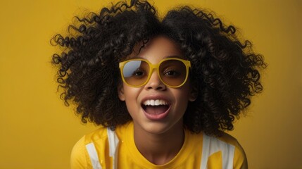 black girl with curly hair in a yellow shirt posing with a surprised facial expression and wearing sunglasses over a yellow background