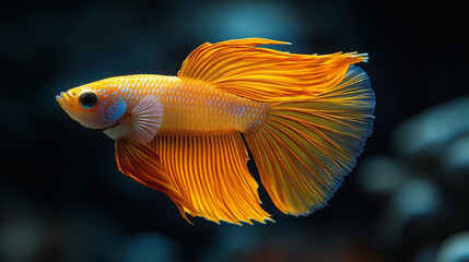 Vibrant orange and blue Betta fish swimming gracefully, close-up of aquatic beauty, tropical fish, exotic fins, colorful scales, underwater photography, pet care, aquarium life.