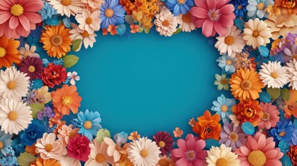 A large group of flowers arranged in a circle with blue background, AI