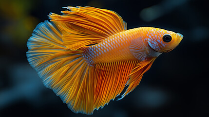 Vibrant orange and blue Betta fish swimming gracefully, close-up of aquatic beauty, tropical fish, exotic fins, colorful scales, underwater photography, pet care, aquarium life.