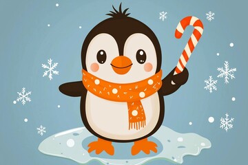 Canvas Print - Cute Penguin Holding a Candy Cane on Ice