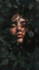 Wall Mural - A young woman's face framed by lush greenery, sunlight illuminating her features.