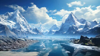 Snowy winter landscape with road trees and mountains