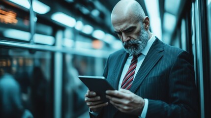 A businessman in a suit and tie uses a tablet while commuting on a modern subway train, highlighting the integration of technology and everyday professional life.