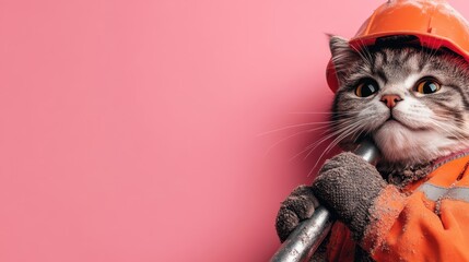 A humorous image capturing a cat dressed in orange construction attire, complete with a helmet and holding a tool, invoking both humor and a sense of whimsy, set against a pink background.