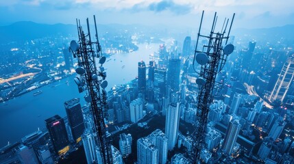 Poster - Urban Skyline with Communication Towers at Night