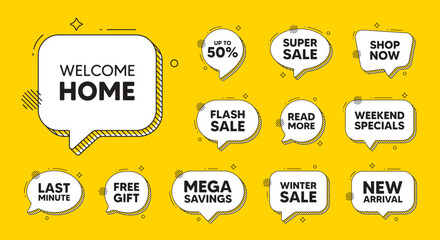 Canvas Print - Offer speech bubble icons. Welcome home tag. Home invitation offer. Hello guests message. Welcome home chat offer. Speech bubble discount banner. Text box balloon. Vector