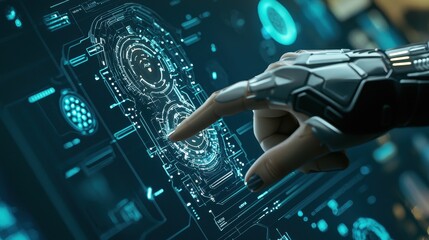 Wall Mural - futuristic robotic hand interacting with holographic interface