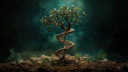 Mystical Tree with DNA Spiral in Nature Setting