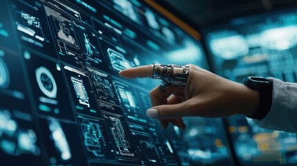 Wall Mural - futuristic technology hand with robotic finger interacting with digital interface
