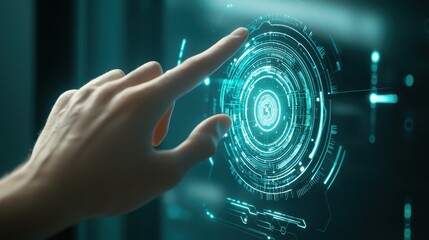 Wall Mural - hand interacting with futuristic technology interface