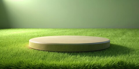 Small round grass podium set against a lawn background, rendering, grass, podium, round, surface, small, green, texture