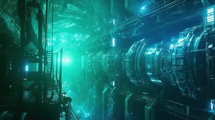 Wall Mural - Futuristic Industrial Tunnel with Glowing Lights and Machinery