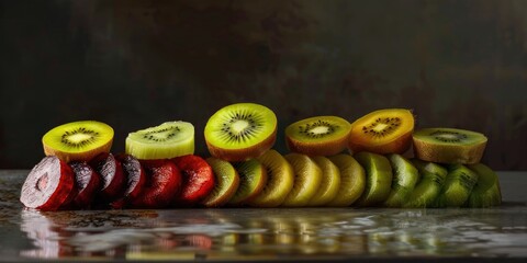 Poster - Assortment of kiwi varieties arranged in a stack on the table Slices of red yellow and green kiwi