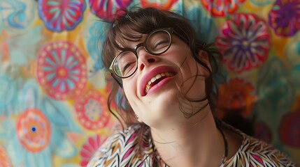 Wall Mural - A joyful person laughing against a colorful floral background.