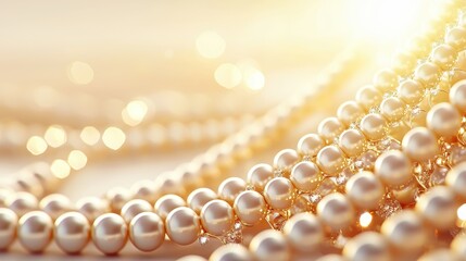 Sticker - Close Up of a Pearl Necklace with Golden Light Bokeh