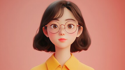 A 3D rendering of a young woman with short brown hair, wearing round glasses and a yellow shirt, looking directly at the camera with a soft expression, set against a pink background.