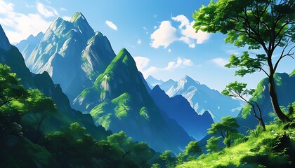 The green mountains and the blue sky complement each other, forming a tranquil, harmonious and beautiful natural picture, which is refreshing.