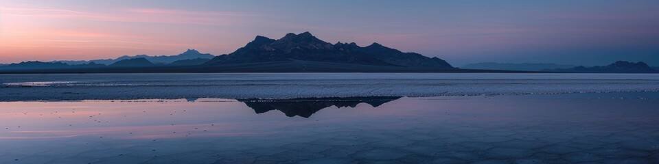 Wall Mural - Tranquil Twilight Sky Gradient above Reflective Salt Flat with Mountain Silhouettes