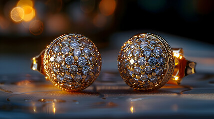 Golden Round Stud Earrings with Sparkling Gemstones, Jewelry Photo