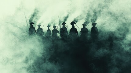 Silhouettes of Soldiers Emerging From Smoke and Mist