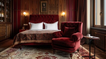 Elegant dark red armchair and luxury wooden bedroom. AI generated image