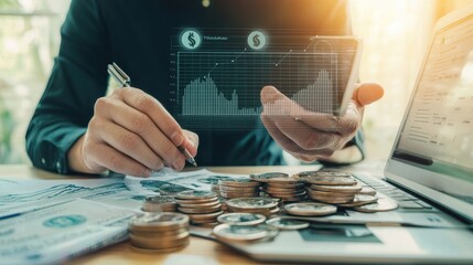 Sticker - Businessman analyzing financial data on digital tablet and laptop with coins