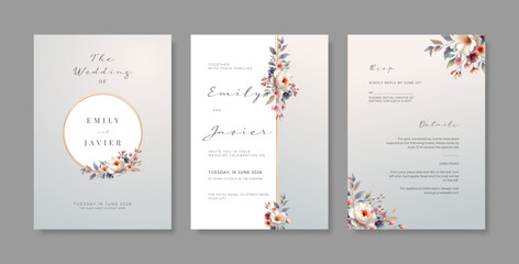 Wall Mural - Beautiful wedding invitation template with floral watercolor