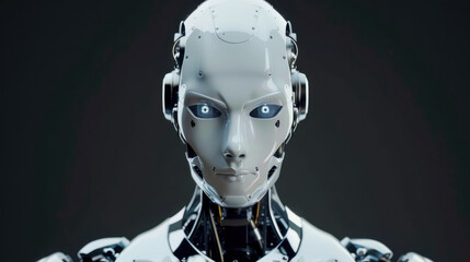 Poster - A robot with a white body and silver arms stands in front of a gray background