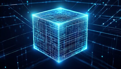 Abstract digital data cube in technology futuristic wireframe style