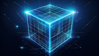 Abstract digital data cube in technology futuristic wireframe style