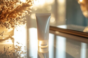 Aufkleber - The soft glow highlights a cream tube placed on a surface, reflected beautifully in a mirror amidst a calming atmosphere. Generative AI
