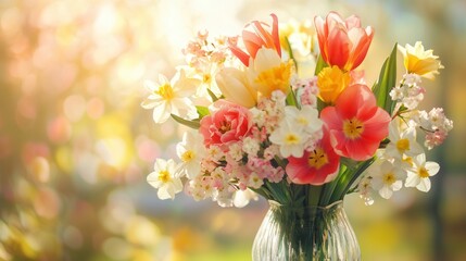 Sticker - A colorful arrangement of tulips, daffodils, and cherry blossoms fills a clear glass vase, brightening the spring atmosphere. Generative AI