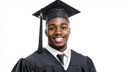 Wall Mural - A man wearing a black graduation cap and gown is smiling for the camera