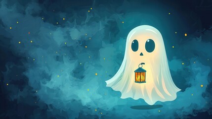 Sticker - Cute Ghost with Lantern in Night Sky   Halloween Illustration