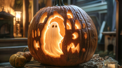 Sticker - Pumpkin carving of a ghost emerging from a haunted house.