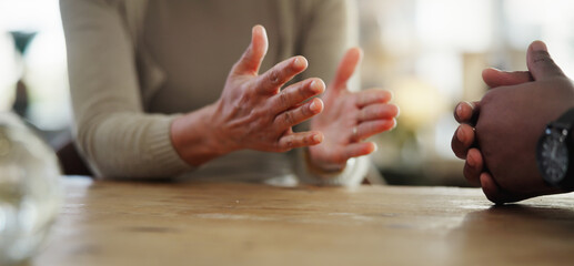 hands, couple and angry in home, table and argument of people, fighting with accusation and drama. h