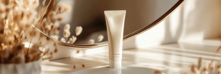 Poster - A tube of cream is thoughtfully placed beside a mirror, enhancing the tranquil atmosphere with soft, warm light. Generative AI