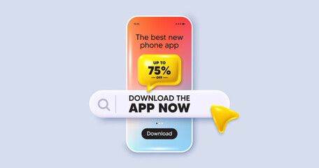 Sticker - Download the app now. Phone mockup screen. Up to 75 percent off sale. Discount offer price sign. Special offer symbol. Save 75 percentages. Phone download app search bar. Vector