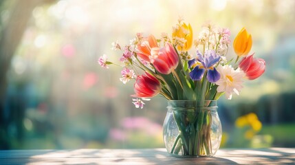 Poster - Tulips, irises, and daisies fill a clear glass jar, bathed in warm sunlight, creating a lively and refreshing atmosphere in the room. Generative AI