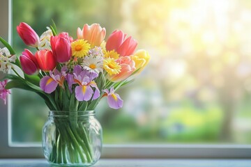 Poster - Colorful tulips, irises, and daisies fill a clear jar, beautifully lit by sunlight pouring in through the window. Generative AI