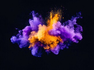 Wall Mural - Vivid smoke and purple-yellow splashes form a cloud-like structure on black.