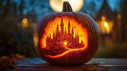 Wall Mural - Carved pumpkin with a castle and full moon background.